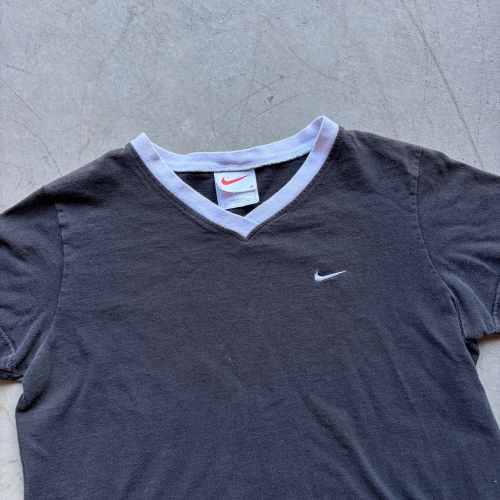 Vintage 90s Nike Ringer T-Shirt Womens Small V-Neck Made in USA Black White